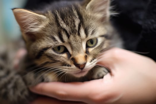 A close - up shot of a woman's hands gently petting a cat at an animal shelter. photo