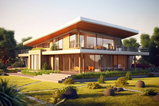 Eco - friendly house with a modern design and a strong emphasis on sustainability. 3D render. photo