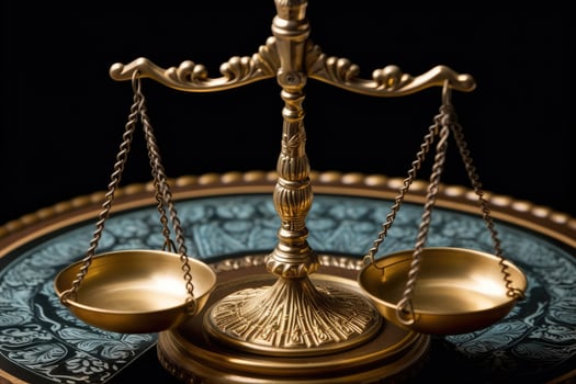 Close - up shot focuses on the scales of justice, symbolizing the impartiality and equilibrium in the legal system. photo