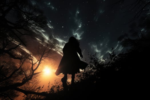The silhouette of a witch flying on her broomstick against a full moon, evoking the magical and mysterious essence of Halloween. photo