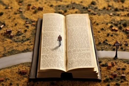 A child walking on a road made of book pages, leading into a horizon made from an open book. photo