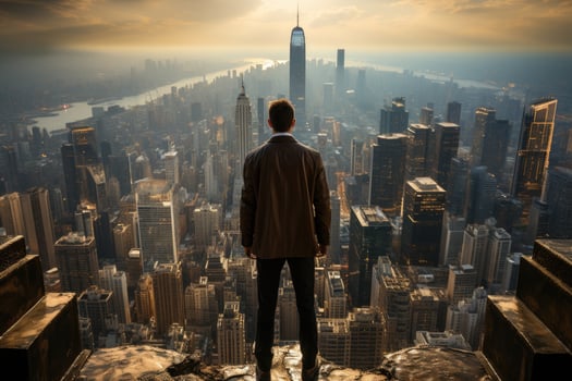 A businessman standing alone on the rooftop of a skyscraper, his back turned to the camera as he overlooks the city. photo