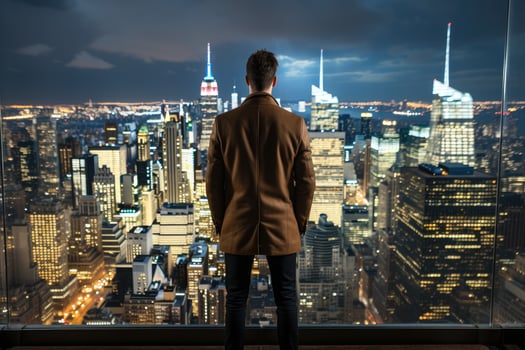 A businessman standing alone on the rooftop of a skyscraper, his back turned to the camera as he overlooks the city. photo