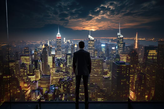 A businessman standing alone on the rooftop of a skyscraper, his back turned to the camera as he overlooks the city. photo