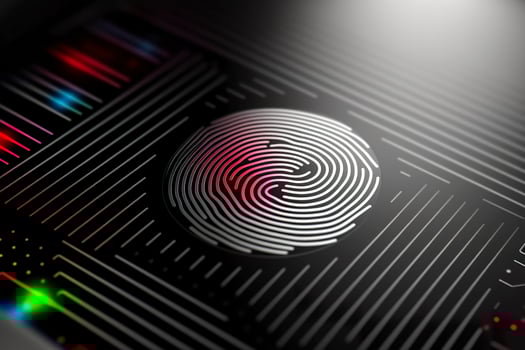 Fingerprint Authentication Button. Biometric Security. Identification and cyber security concept. Glowing neon fingerprint on dark background. photo