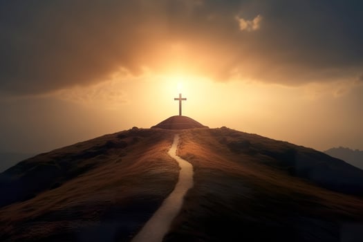 The cross of God in the rays of the sun. Cross on the hill. Religious concept. photo