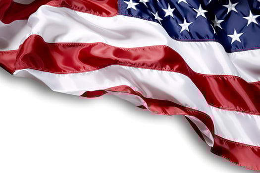 Closeup ruffled American flag isolated. solid white backgroud. photo