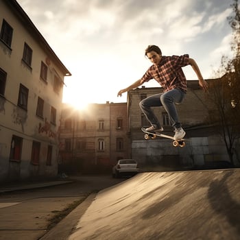 A caucasian man doing tricks or jumping on a skateboard at the street. Young man with skater jumping concept by photo