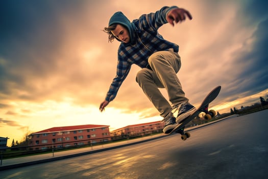 A caucasian man doing tricks or jumping on a skateboard at the street. Young man with skater jumping concept by photo