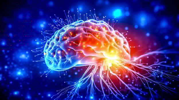 science neural networks in the brain, neon lights, thinking and intelligence, made with photo