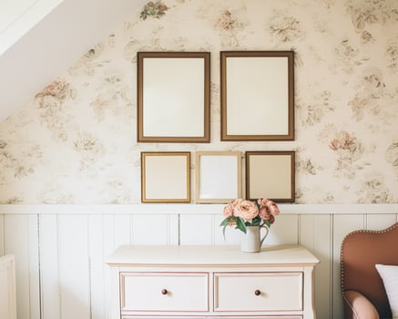 Nursery gallery wall, home decor and wall art, framed art in the English country cottage interior, room for diy printable artwork mockup and print shop photo
