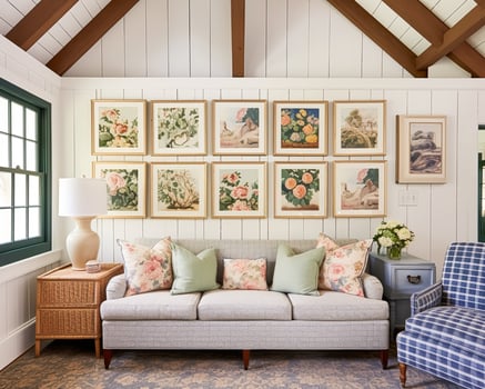 Living room gallery wall, home decor and wall art, framed art in the English country cottage interior, room for diy printable artwork mockup and print shop photo