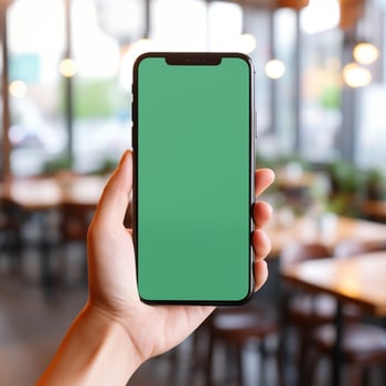 Women hand holding smart phone with the screen is blank plain bright green, blur cafe background photo