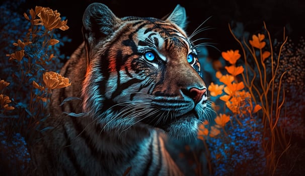 Free photo of tiger portrait with colorful glowing flowers, image