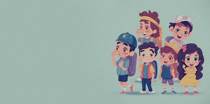 Illustration of children with backpacks on a blue background with space for text. photo