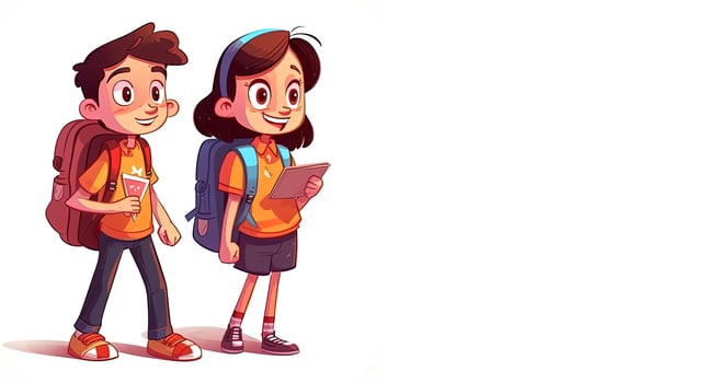 Joyful boy and girl. Schoolchildren with backpacks go to school on a white background. Illustration in cartoon style. Two cute kids. . photo