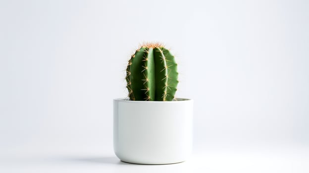 Photo of cactus in minimalist pot as houseplant for home decoration isolated on white background.