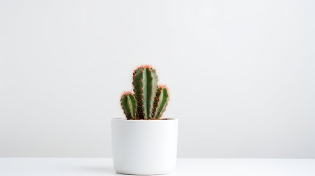 Photo of cactus in minimalist pot as houseplant for home decoration isolated on white background.