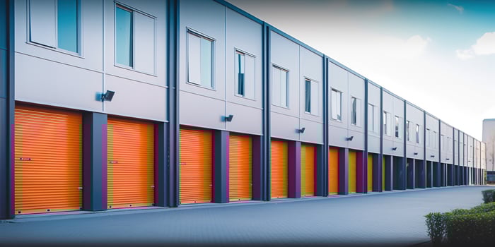 , Mini colorful metal self storage facilities rental units, warehouse exterior, industry garage building. photo