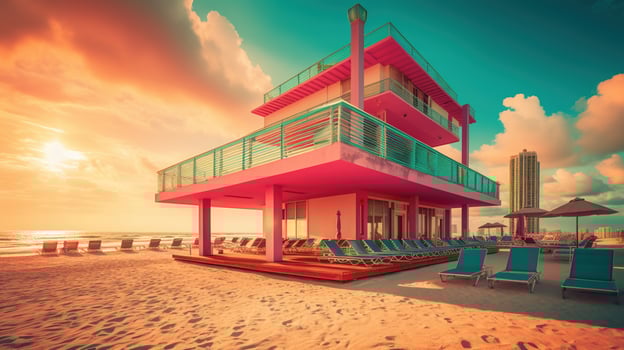 , Miami Summer Vibes retro illustration. Vintage pink and blue colors, buildings, California palms, 80s style photo
