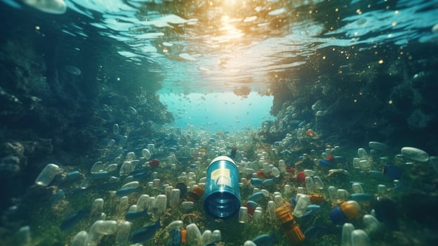 , Plastic carrier bags, bottles and other garbage pollution in ocean. Environment concept photo
