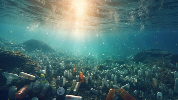 , Plastic carrier bags, bottles and other garbage pollution in ocean. Environment concept photo
