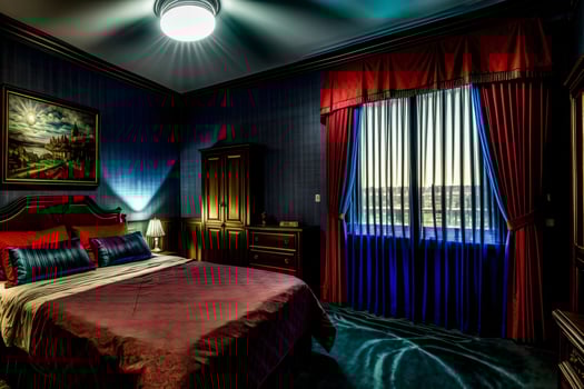 A Bed Room With A Neatly Made Bed And A Painting On The Wall. photo
