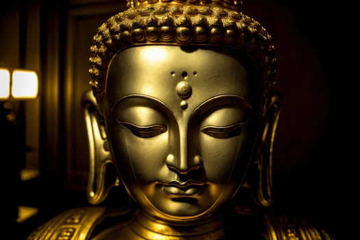 A Golden Buddha Statue In A Dark Room. photo