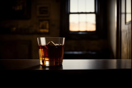 A Glass Of Whiskey Sitting On Top Of A Wooden Table. photo