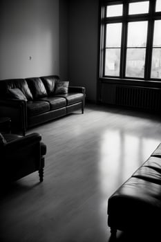 A Black And White Photo Of A Living Room.