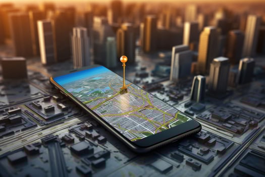 Smartphone with navigation system route at city background. photo