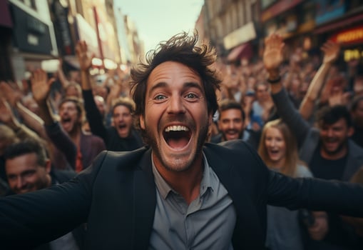 sucessfull business man celebrate his sucess on a crowded street morning picture taken from drone realistic image, ultra hd, high design very detailed photo