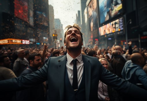 sucessfull business man celebrate his sucess on a crowded street morning picture taken from drone realistic image, ultra hd, high design very detailed photo