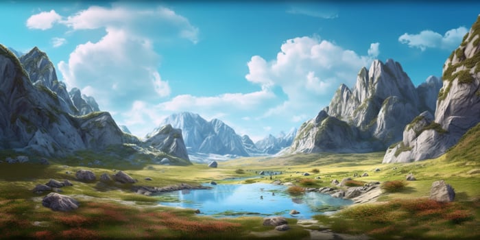 Mountain karst with water, valley, clean sky background. photo