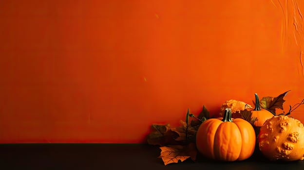 Side View of Halloween banner concept design of bunch of orange pumpkins on spooky background, photo