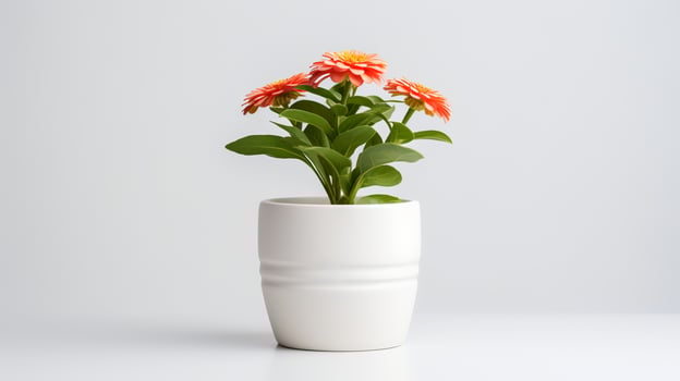 Photo of Zinnia in minimalist pot as houseplant for home decoration isolated on white background.