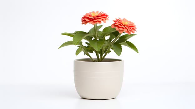 Photo of Zinnia in minimalist pot as houseplant for home decoration isolated on white background.