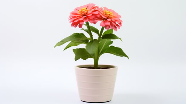Photo of Zinnia in minimalist pot as houseplant for home decoration isolated on white background.