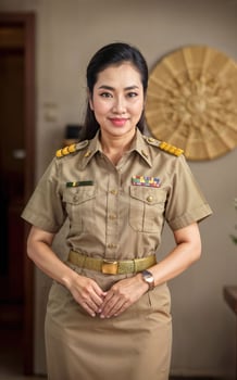 photo of middle aged asian woman in Thai teacher uniform,