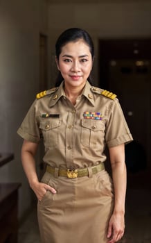 photo of middle aged asian woman in Thai teacher uniform,