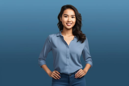 Beautiful asian woman in casual with smile cheerful. Studio shot asian woman standing hand gesture concept by photo
