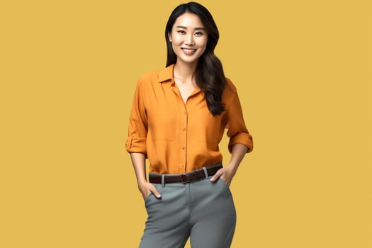 Beautiful asian woman in casual with smile cheerful. Studio shot asian woman standing hand gesture concept by photo