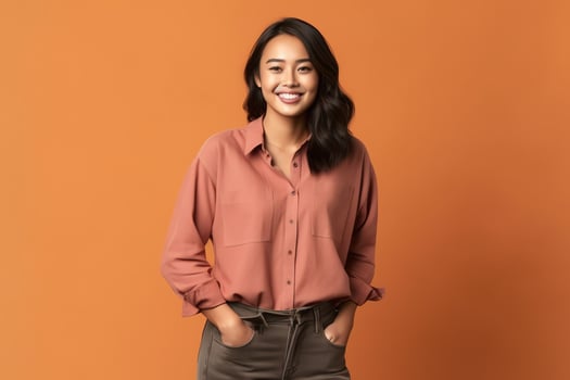Beautiful asian woman in casual with smile cheerful. Studio shot asian woman standing hand gesture concept by photo
