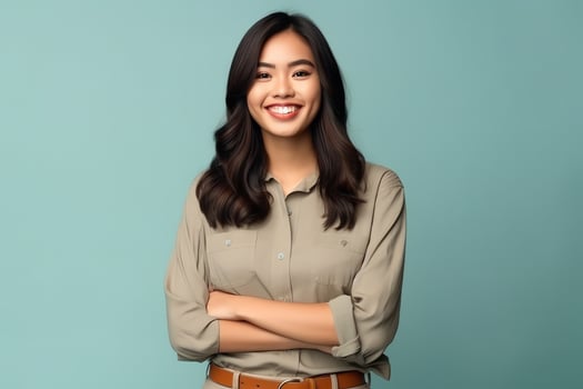 Beautiful asian woman in casual with smile cheerful. Studio shot asian woman standing hand gesture concept by photo
