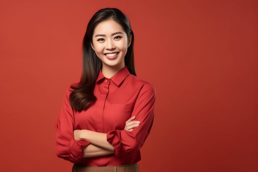 Beautiful asian woman in casual with smile cheerful. Studio shot asian woman standing hand gesture concept by photo