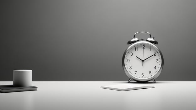 Realistic Clock on Workplace for Business Concept. Time Management and Self Organization. photo
