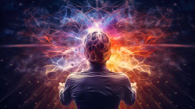 Energy of Thought. Human head emitting abstract fractal structure to illustrate working of human mind, illustration photo