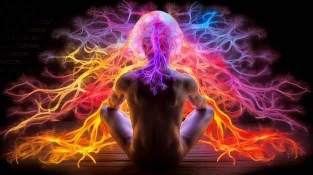 Energy of Thought. Human head emitting abstract fractal structure to illustrate working of human mind, illustration photo