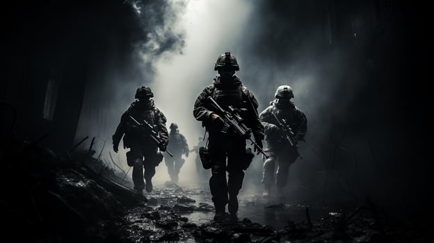 Soldiers with Rifles Advancing through Smoke-Filled Battlefield photo