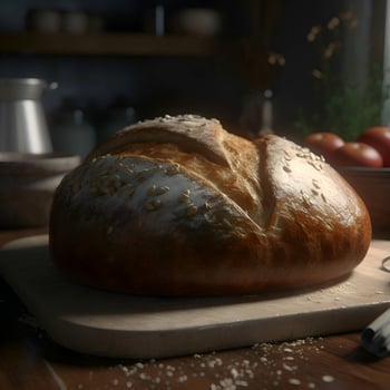 Freshly baked bread with sunflower seeds on a wooden cutting board photo